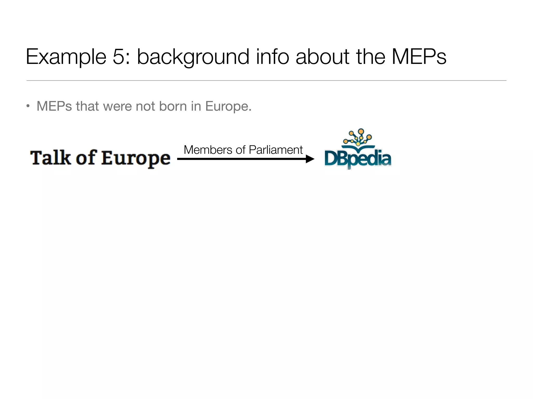 Example 5: background info about the MEPs
• MEPs that were not born in Europe.
Members of Parliament
 