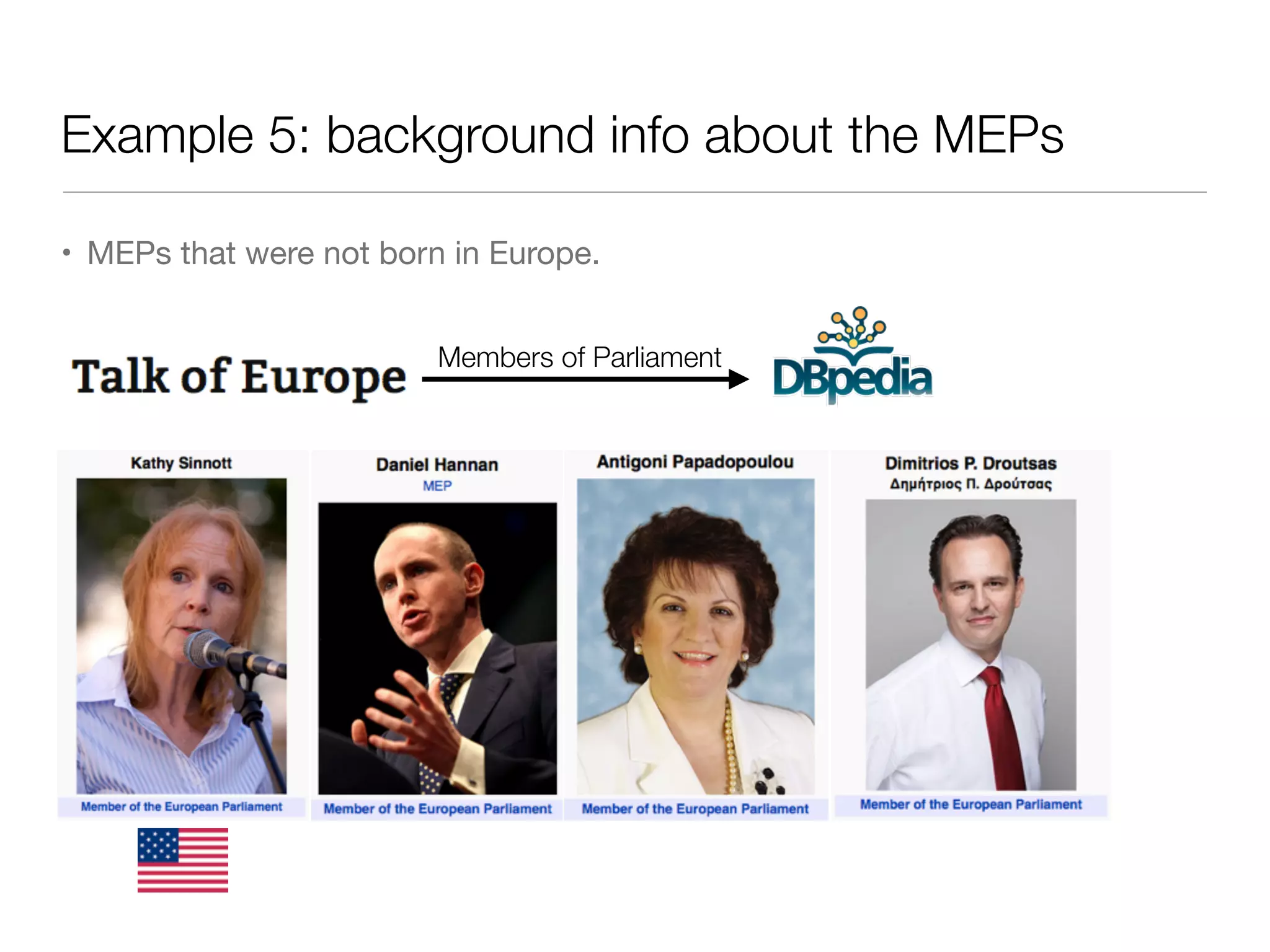 Example 5: background info about the MEPs
• MEPs that were not born in Europe.
Members of Parliament
 