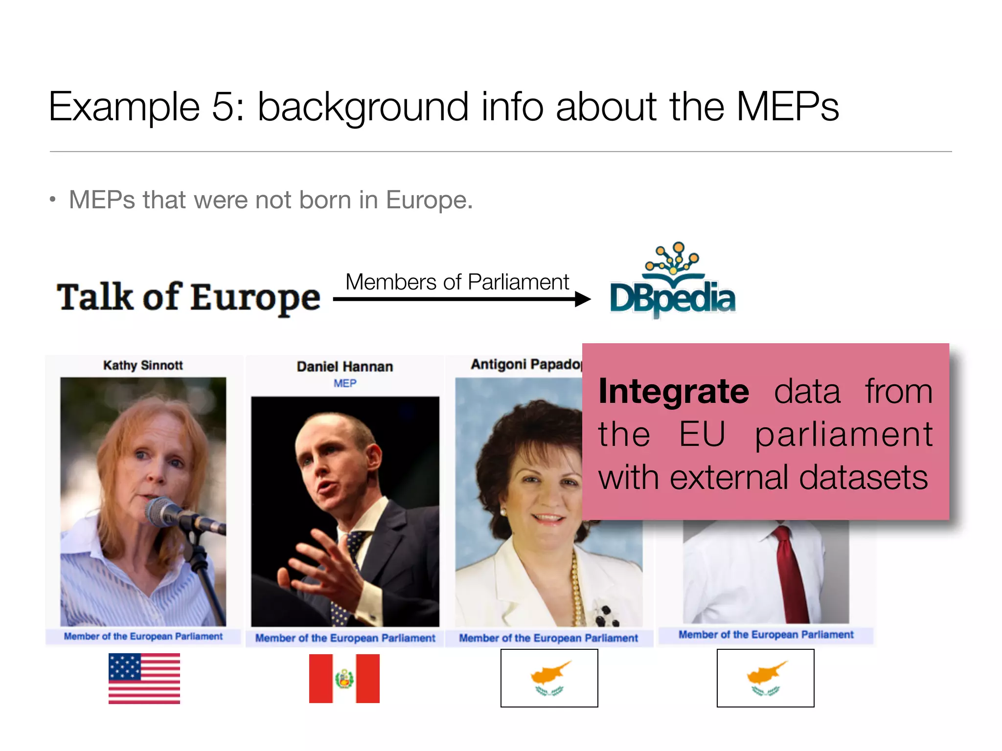 Example 5: background info about the MEPs
• MEPs that were not born in Europe.
Members of Parliament
Integrate data from
the EU parliament
with external datasets
 