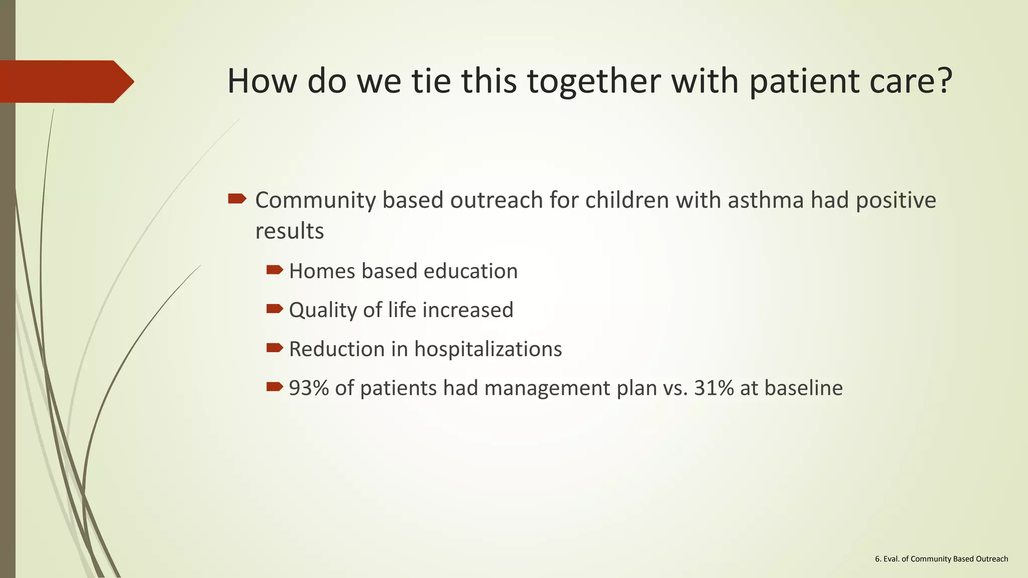 How do we tie this together with patient care?
 Community based outreach for children with asthma had positive
results
Homes based education
Quality of life increased
Reduction in hospitalizations
93% of patients had management plan vs. 31% at baseline
6. Eval. of Community Based Outreach
 
