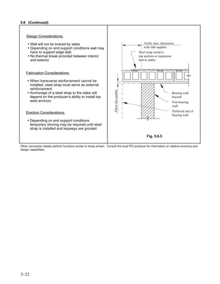 5.6 (Continued)


    Design Considerations:

     • Wall will not be braced by slabs                                                        Verify max. dimension
     • Depending on end support conditions wall may                                            with slab supplier
       have to support edge slab                                                           Steel strap (weld to
     • No thermal break provided between interior                                          top anchors or expansion
       and exterior                                                                        bolt to slabs)



    Fabrication Considerations:

     • When transverse reinforcement cannot be
       installed, steel strap must serve as external
       reinforcement




                                                                        Allow for camber
     • Anchorage of a steel strap to the slabs will                                                                   Bearing wall
       depend on the producer’s ability to install top                                                                beyond
       weld anchors                                                                                                   Non-bearing
                                                                                                                      wall

    Erection Considerations:                                                                                          Preferred end of
                                                                                                                      bearing wall
     • Depending on end support conditions
       temporary shoring may be required until steel
       strap is installed and keyways are grouted

                                                                                                 Fig. 5.6.5

Other connection details perform functions similar to those shown. Consult the local PCI producer for information on relative economy and
design capabilities.




5-
 -22
 