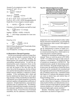 Assume f′cθ in compressive zone = 0.8f′c = 4 ksi         Fig. 6.4.1 Moment diagrams for axially
Assume d - aθ/2 = 8.1 in
            -                                                       restrained beam during fire exposure.
      26.912                                                      Note that at 2 hr. Mnθ is less than M
As =             = 0.66 in2                                         and effects of axial restraint permit
      608.1                                                       beam to continue to support load.
               0.6660                                                                                         dT
check aθ =               = 0.24 in
              0.85448                                       T                                                  T
d - aθ /2 = 8.25 - 0.12 = 8.13 in ≅ 8.1 OK
  -                -                                                                 Fire
Use 6 x 6 - W2.1 x W2.1 WWF throughout plus #4
Grade 60 at 16 in in negative moment region.
As = 80.021 + 48 0.20 = 0.768 in2                          @ 0 Hr, T=0
                                                                                Mn
                        16                                                                              M
Calculate xo for dead load plus one-half live load.
                                                          @ 2 Hr.
M − = 0.768 (26.9) = 31.3 ft-kips
   nθ                                                                M nθ
           0.66                                           MT =
loading = 4(0.065 + 0.050) = 0.46 k/ft;                   T(d T - _ θ - ∆ )
                                                                  a
                                                                  2
Mn = 34.0 ft-kips (calculated for room tem-
                                                                              (curved due to beam deflection)
peratures)

From Eq. 6.3.6                                           temperature rise of the unexposed surface rather
                                                         than by structural considerations, even though the
         2M −n      2(34.0)
xo     =        =           = 5.91 ft                    steel temperatures often exceed 1200 degrees F
          wℓ       0.46(25)
                                                         (650 degrees C).
Half of #4 bars should extend 7 ft each side of inte-       The effects of restraint to thermal expansion
rior support and half 5 ft.                              can be characterized as shown in Figure 6.4.1.
Use #4 Grade 60, 12 ft long at 16 in and stagger.        The thermal thrust, T, acts in a manner similar to
                                                         an external prestressing force, which tends to in-
6.4 Restraint to Thermal Expansion                       crease the positive moment capacity.
   If a fire occurs beneath a portion of a large floor      Methods for calculating fire endurance of “re-
or roof, such as beneath a concrete floor slab in        strained” floors or roofs are given in PCI MNL
one interior bay of a multi-bay building, the            124-89. It is seldom necessary to make such cal-
heated portion will expand and push against the          culations, as noted below. The beneficial effects
surrounding unheated portion. In turn the un-            of restraint are recognized in ASTM E119. The
heated portion exerts compressive forces on the          standard presents a guide for determining condi-
heated portion. The compressive force, or thrust,        tions of restraint. The guide includes Figure 6.4.2.
acts near the bottom of the slab when the fire           In most cases, the interior bays of multi-bay floors
starts, but as the fire progresses, the line of thrust   and roofs can be considered to be restrained and
rises and the thermal gradient diminishes and the        the magnitude and location of the thrust are gener-
heated concrete undergoes a reduction in elastic         ally of academic interest only. It should be noted
modulus. If the surrounding slab is thick and            that Figure 6.4.2 indicates that adequate restraint
heavily reinforced, the thrust forces can be quite       can occur in interior bays and exterior bays of
large, but they will be considerably less than those     framed buildings when:
calculated by use of elastic properties of concrete         “The space between the ends of precast units
and steel, together with appropriate coefficients of     and the vertical faces of supports, or between the
expansion. At high temperatures, creep and stress        ends of solid or hollow core slab units does not ex-
relaxation play an important role. Nevertheless,         ceed 0.25 percent of the length for normal weight
the thrust is generally great enough to increase the     concrete members or 0.1 percent of the length for
fire endurance significantly, in some instances by       structural lightweight concrete members”.
more than 2 hours. In most fire tests of restrained         Sketches illustrating typical conditions de-
assemblies, the fire endurance is determined by          scribed above are shown in Figure 6.4.3.

6-
 -12
 