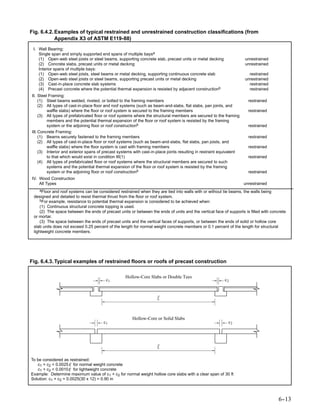 Fig. 6.4.2. Examples of typical restrained and unrestrained construction classifications (from
            Appendix X3 of ASTM E119-88)
 I. Wall Bearing:
    Single span and simply supported end spans of multiple baysa
    (1) Open-web steel joists or steel beams, supporting concrete slab, precast units or metal decking                unrestrained
    (2) Concrete slabs, precast units or metal decking                                                                unrestrained
    Interior spans of multiple bays:
    (1) Open-web steel joists, steel beams or metal decking, supporting continuous concrete slab                        restrained
    (2) Open-web steel joists or steel beams, supporting precast units or metal decking                               unrestrained
    (3) Cast-in-place concrete slab systems                                                                             restrained
    (4) Precast concrete where the potential thermal expansion is resisted by adjacent constructionb                    restrained
II. Steel Framing:
     (1) Steel beams welded, riveted, or bolted to the framing members                                                  restrained
     (2) All types of cast-in-place floor and roof systems (such as beam-and-slabs, flat slabs, pan joints, and
         waffle slabs) where the floor or roof system is secured to the framing members                                 restrained
     (3) All types of prefabricated floor or roof systems where the structural members are secured to the framing
         members and the potential thermal expansion of the floor or roof system is resisted by the framing
         system or the adjoining floor or roof constructionb                                                            restrained
III. Concrete Framing:
     (1) Beams securely fastened to the framing members                                                                 restrained
     (2) All types of cast-in-place floor or roof systems (such as beam-and-slabs, flat slabs, pan joists, and
         waffle slabs) where the floor system is cast with framing members                                              restrained
     (3) Interior and exterior spans of precast systems with cast-in-place joints resulting in restraint equivalent
         to that which would exist in condition III(1)                                                                  restrained
     (4) All types of prefabricated floor or roof systems where the structural members are secured to such
         systems and the potential thermal expansion of the floor or roof system is resisted by the framing
         system or the adjoining floor or roof constructionb                                                            restrained
IV. Wood Construction
    All Types                                                                                                         unrestrained
    aFloor  and roof systems can be considered restrained when they are tied into walls with or without tie beams, the walls being
 designed and detailed to resist thermal thrust from the floor or roof system.
     bFor example, resistance to potential thermal expansion is considered to be achieved when:
     (1) Continuous structural concrete topping is used.
     (2) The space between the ends of precast units or between the ends of units and the vertical face of supports is filled with concrete
 or mortar.
     (3) The space between the ends of precast units and the vertical faces of supports, or between the ends of solid or hollow core
 slab units does not exceed 0.25 percent of the length for normal weight concrete members or 0.1 percent of the length for structural
 lightweight concrete members.




Fig. 6.4.3. Typical examples of restrained floors or roofs of precast construction

                                                   Hollow-Core Slabs or Double Tees
                                        c1                                                                c2




                                                       Hollow-Core or Solid Slabs
                                       c1                                                                   c2




To be considered as restrained:
   c1 + c2 < 0.0025 ℓ for normal weight concrete
   c1 + c2 < 0.0010 ℓ for lightweight concrete
Example: Determine maximum value of c1 + c2 for normal weight hollow core slabs with a clear span of 30 ft
Solution: c1 + c2 = 0.0025(30 x 12) = 0.90 in



                                                                                                                                       6-
                                                                                                                                        -13
 