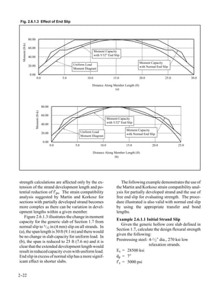 Fig. 2.6.1.3 Effect of End Slip



                  80.00
  Moment (ft-k)




                  60.00
                                                                                Moment Capacity
                                                                                with 5/32" End Slip
                  40.00
                                                                                                                  Moment Capacity
                  20.00                                       Uniform Load
                                                                                                                  with Normal End Slip
                                                              Moment Diagram
                   0.00
                            0.0                         5.0              10.0                  15.0               20.0              25.0          30.0

                                                                            Distance Along Member Length (ft)
                                                                                            (a)




                                          80.00
                          Moment (ft-k)




                                          60.00
                                                                                           Moment Capacity
                                                                                           with 5/32" End Slip
                                          40.00
                                                                                                         Moment Capacity
                                          20.00                      Uniform Load
                                                                                                         with Normal End Slip
                                                                     Moment Diagram
                                           0.00
                                                  0.0          5.0                  10.0                 15.0              20.0            25.0

                                                                            Distance Along Member Length (ft)
                                                                                           (b)




strength calculations are affected only by the ex-                                                   The following example demonstrates the use of
tension of the strand development length and po-                                                  the Martin and Korkosz strain compatibility anal-
tential reduction of f′ps. The strain compatibility                                               ysis for partially developed strand and the use of
analysis suggested by Martin and Korkosz for                                                      free end slip for evaluating strength. The proce-
sections with partially developed strand becomes                                                  dure illustrated is also valid with normal end slip
more complex as there can be variation in devel-                                                  by using the appropriate transfer and bond
opment lengths within a given member.                                                             lengths.
   Figure 2.6.1.3 illustrates the change in moment
                                                                                                  Example 2.6.1.1 Initial Strand Slip
capacity for the generic slab of Section 1.7 from
                                                                                                     Given the generic hollow core slab defined in
normal slip to 5/32 in (4 mm) slip on all strands. In
                                                                                                  Section 1.7, calculate the design flexural strength
(a), the span length is 30 ft (9.1 m) and there would
                                                                                                  given the following:
be no change in slab capacity for uniform load. In
(b), the span is reduced to 25 ft (7.6 m) and it is                                               Prestressing steel: 4-1/2″ dia., 270 ksi low
clear that the extended development length would                                                                      relaxation strands.
result in reduced capacity even with uniform load.                                                Es = 28500 ksi
End slip in excess of normal slip has a more signif-                                              dp = 7″
icant effect in shorter slabs.                                                                    f′c = 5000 psi


2-
 -22
 