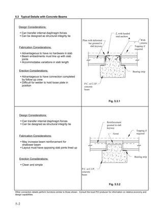 5.3 Typical Details with Concrete Beams


   Design Considerations:

    • Can transfer internal diaphragm forces                                                                with headed
    • Can be designed as structural integrity tie                                                        stud anchors
                                                                      Plate with deformed                                         With
                                                                            bar grouted in                                        returns
                                                                              slab keyway                                   Topping if
    Fabrication Considerations:
                                                                                                                            required
      • Advantageous to have no hardware in slab
      • Beam embedments must line up with slab
        joints
      • Accommodates variations in slab length


    Erection Considerations:                                                                                              Bearing strip

     • Advantageous to have connection completed
       by follow-up crew
     • Difficult for welder to hold loose plate in                      P.C. or C.I.P.
       position                                                         concrete
                                                                        beam



                                                                                                 Fig. 5.3.1




    Design Considerations:

      • Can transfer internal diaphragm forces                                                 Reinforcement
      • Can be designed as structural integrity tie                                            grouted in slab
                                                                                               keyway
                                                                                                                              Topping if
                                                                                                      Grout                   required
    Fabrication Considerations:

      • May increase beam reinforcement for
        shallower beam
      • Layout must have opposing slab joints lined up


                                                                                                                            Bearing strip
    Erection Considerations:

      • Clean and simple
                                                                     P.C. or C.I.P.
                                                                     concrete
                                                                     beam



                                                                                                 Fig. 5.3.2

Other connection details perform functions similar to those shown. Consult the local PCI producer for information on relative economy and
design capabilities.



5-
 -2
 