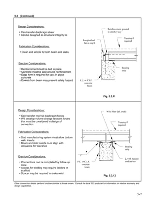 5.3 (Continued)



    Design Considerations:
                                                                                                      Reinforcement grouted
     • Can transfer diaphragm shear                                                                   in slab keyway
     • Can be designed as structural integrity tie
                                                                                                                        Topping if
                                                                           Longitudinal                                 required
                                                                            bar as req’d.
    Fabrication Considerations:

     • Clean and simple for both beam and slabs



    Erection Considerations:
                                                                                                                      Bearing
     • Reinforcement must be tied in place
                                                                                                                      strip
     • Concrete must be cast around reinforcement
     • Edge form is required for cast-in-place
       concrete
     • Dowels from beam may present safety hazard                       P.C. or C.I.P.
                                                                             concrete
                                                                                beam



                                                                                                 Fig. 5.3.11




    Design Considerations:                                                                           Weld Plate (alt. ends)
     • Can transfer internal diaphragm forces
     • Will develop volume change restraint forces
       that must be considered in design of                                                                      Topping if
       connection                                                                                                required


    Fabrication Considerations:

     • Slab manufacturing system must allow bottom
       weld inserts
     • Beam and slab inserts must align with
       allowance for tolerance                                                                                           Bearing
                                                                                                                         strip


    Erection Considerations:
                                                                                                                            with headed
     • Connections can be completed by follow-up                     P.C. or C.I.P.                                      stud anchor
       crew                                                               concrete
     • Access for welding may require ladders or                             beam
       scaffold
     • Spacer may be required to make weld
                                                                                                 Fig. 5.3.12


Other connection details perform functions similar to those shown. Consult the local PCI producer for information on relative economy and
design capabilities.



                                                                                                                                      5-
                                                                                                                                       -7
 