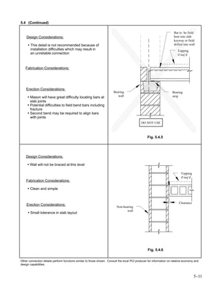 5.4 (Continued)

                                                                                                                      Bar to be field
    Design Considerations:                                                                                            bent into slab
                                                                                                                      keyway or field
     • This detail is not recommended because of                                                                      drilled into wall
       installation difficulties which may result in                                                                    Topping
       an unreliable connection                                                                                         if req’d



   Fabrication Considerations:




    Erection Considerations:
                                                                       Bearing                                      Bearing
     • Mason will have great difficulty locating bars at                  wall                                      strip
       slab joints
     • Potential difficulties to field bend bars including
       fracture
     • Second bend may be required to align bars
       with joints
                                                                                             DO NOT USE



                                                                                                 Fig. 5.4.5




    Design Considerations:

     • Wall will not be braced at this level

                                                                                                                           Topping
                                                                                                                           if req’d
    Fabrication Considerations:

     • Clean and simple


                                                                                                                          Clearance
    Erection Considerations:
                                                                          Non-bearing
                                                                                 wall
     • Small tolerance in slab layout




                                                                                                 Fig. 5.4.6


Other connection details perform functions similar to those shown. Consult the local PCI producer for information on relative economy and
design capabilities.



                                                                                                                                      5-
                                                                                                                                       -11
 