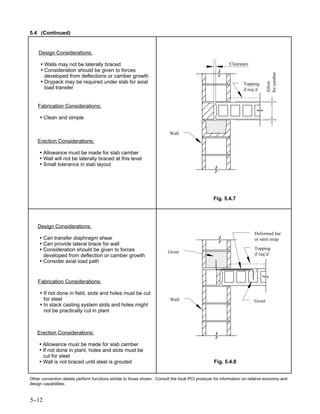 5.4 (Continued)


    Design Considerations:

     • Walls may not be laterally braced                                                                  Clearance
     • Consideration should be given to forces




                                                                                                                               for camber
       developed from deflections or camber growth
     • Drypack may be required under slab for axial




                                                                                                                               Allow
                                                                                                                 Topping
       load transfer                                                                                             if req’d


    Fabrication Considerations:

     • Clean and simple

                                                                          Wall
    Erection Considerations:

     • Allowance must be made for slab camber
     • Wall will not be laterally braced at this level
     • Small tolerance in slab layout




                                                                                                 Fig. 5.4.7




    Design Considerations:
                                                                                                                       Deformed bar
     • Can transfer diaphragm shear                                                                                    or steel strap
     • Can provide lateral brace for wall
     • Consideration should be given to forces                           Grout
                                                                                                                       Topping
       developed from deflection or camber growth                                                                      if req’d
     • Consider axial load path


    Fabrication Considerations:

     • If not done in field, slots and holes must be cut
       for steel                                                          Wall                                         Grout
     • In stack casting system slots and holes might
       not be practically cut in plant



    Erection Considerations:

     • Allowance must be made for slab camber
     • If not done in plant, holes and slots must be
       cut for steel
     • Wall is not braced until steel is grouted                                                 Fig. 5.4.8


Other connection details perform functions similar to those shown. Consult the local PCI producer for information on relative economy and
design capabilities.


5-
 -12
 