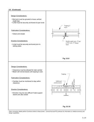 5.5 (Continued)



   Design Considerations:

    • Butt joint must be grouted to brace vertical
      angle legs
    • Lintel must be securely anchored at span ends
                                                                                                    Topping if
                                                                                                    req’d

    Fabrication Considerations:

     • Clean and simple



    Erection Considerations:                                                                          Double angle (min. 4" leg)
                                                                                                      or WF (min. 8" flange)
     • Lintel must be securely anchored prior to                                                      lintel
       setting slabs




                                                                                                  Fig. 5.5.9




    Design Considerations:

     • Clearance must be allowed for slab camber
     • Beam will not be braced until topping is cast
                                                                                              Topping

    Fabrication Considerations:
                                                                                                                  for camber




     • Camber must be monitored to stay within                                       Additional
                                                                                                                  Allow




       clearance                                                                 reinforcement



    Erection Considerations:

     • Erection may be very difficult if slab support
       beams are also raised




                                                                                                  Fig. 5.5.10


Other connection details perform functions similar to those shown. Consult the local PCI producer for information on relative economy and
design capabilities.



                                                                                                                                    5-
                                                                                                                                     -19
 