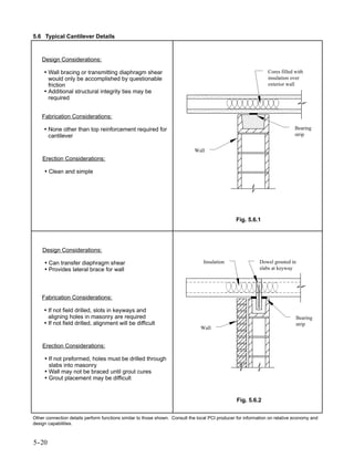 5.6 Typical Cantilever Details



    Design Considerations:

     • Wall bracing or transmitting diaphragm shear                                                              Cores filled with
       would only be accomplished by questionable                                                                insulation over
       friction                                                                                                  exterior wall
     • Additional structural integrity ties may be
       required


    Fabrication Considerations:

     • None other than top reinforcement required for                                                                         Bearing
       cantilever                                                                                                             strip


                                                                             Wall
    Erection Considerations:

     • Clean and simple




                                                                                                 Fig. 5.6.1




    Design Considerations:

     • Can transfer diaphragm shear                                              Insulation                 Dowel grouted in
     • Provides lateral brace for wall                                                                      slabs at keyway




    Fabrication Considerations:

     • If not field drilled, slots in keyways and
       aligning holes in masonry are required                                                                                 Bearing
     • If not field drilled, alignment will be difficult                                                                      strip
                                                                                Wall


    Erection Considerations:

     • If not preformed, holes must be drilled through
       slabs into masonry
     • Wall may not be braced until grout cures
     • Grout placement may be difficult


                                                                                                 Fig. 5.6.2


Other connection details perform functions similar to those shown. Consult the local PCI producer for information on relative economy and
design capabilities.



5-
 -20
 