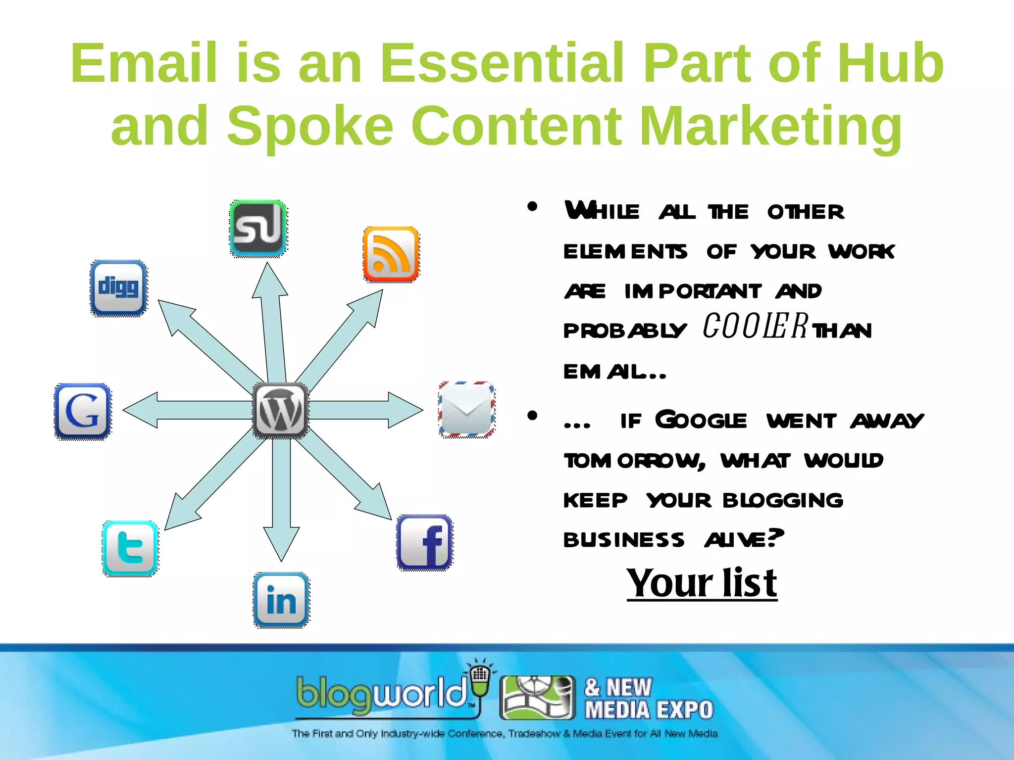 Email is an Essential Part of Hub and Spoke Content Marketing While all the other elements of your work are important and probably  cooler  than email… …  if Google went away tomorrow, what would keep your blogging business alive?  Your list 