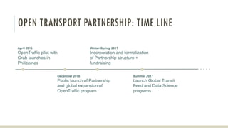 December 2016
Public launch of Partnership
and global expansion of
OpenTraffic program
Winter-Spring 2017
Incorporation and formalization
of Partnership structure +
fundraising
April 2016
OpenTraffic pilot with
Grab launches in
Philippines
Summer 2017
Launch Global Transit
Feed and Data Science
programs
OPEN TRANSPORT PARTNERSHIP: TIME LINE
 