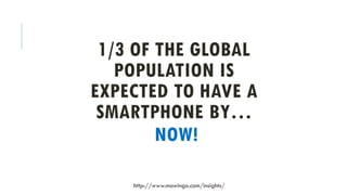 1/3 OF THE GLOBAL
POPULATION IS
EXPECTED TO HAVE A
SMARTPHONE BY…
http://www.mowingo.com/insights/
NOW!
 