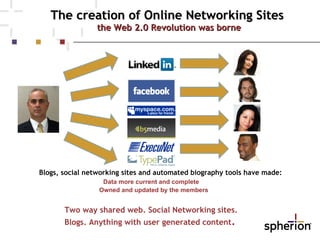 The creation of Online Networking Sites  the Web 2.0 Revolution was borne <ul><li>Blogs, social networking sites and autom...