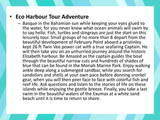 • Eco Harbour Tour Adventure
– Basque in the Bahamian sun while keeping your eyes glued to
the water, for you never know what ocean animals will swim by
to say hello. Fish, turtles and stingrays are just the start on this
leisurely tour. Small groups of no more than 8 depart from the
beautiful development of February Point aboard a pristinley
kept 26 ft Twin Vee power cat with a true seafaring Captain. He
will then take you on an unhurried journey around the historic
Elizabeth harbour. Be Amazed as the captain guides the boat
through the beautiful narrow cuts and hundreds of shades of
blue that can be found in the Moriah Marine Park. Enjoy walking
ankle deep along a submerged sandbar, while you search for
sandollars and shells at your own pace before donning snorkel
gear, when you will then peer face to face with colorful fish and
reef life. Ask questions and listen to the stories of life on these
islands while enjoying the gentle breeze. Finally, you take a last
swim in the beautiful waters of the Exumas at a white sand
beach until it is time to return to shore.
 