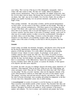 7
your writing. This is not true of the log (or of the ethnographic monograph), which is
written with other readers in mind. The diary isn’t usually offered for judgment or
another person’s interpretations. There is less opportunity for multiple perspectives since
few of us let others read our diaries. But because they are personal, even if others do read
our diaries, their ’help’ may not be so helpful. Few of us have friends who are willing or
perhaps even capable of pouring over our personal statements and questions for any
length of time.
These seeming constraints - the open nature of entries, and the personal interpretations
we lend to them - are also sources of the diary’s potential use and strength. Who helps us
‘absorb’ (Liske, personal communication, 1982) those aspects of our working days that
we must? Who listens with a quiet heart (non judgmentally) to our thoughts and feelings
about what we see and hear, what we do and what happens to us at work? What do we do
to remove ourselves from the motion of, the action of, teaching? nursing? social work? In
what ways do we enable ourselves to reflect on our lives as professionals? Recording in
our diaries allows us to do these things. It removes us from the motion of doing and
transports us to the reflective act of pondering on paper, while at the same time, it
captures some of the action of working to come back to with the perspective that time
brings.
Journals
Journal writing can include the structured, descriptive, and objective notes of the log and
the free-flowing impressionistic meanderings of the diary. That is, it can serve the
purposes of both logs and diaries. It is a more difficult and perhaps more demanding
document to keep - indeed, it is more complex. Its advantages are also greater: it
combines purposes and it extends into other uses. The contents of a journal are more
comprehensive than those of either a log or a diary. It is a reconstruction of experience
and, like the diary, has both objective and subjective dimensions, but unlike most diaries,
there is a consciousness of this differentiation. Indeed, this consciousness may well
become a dominant theme within the journal, as it pursues the interplay of what appears
to be objective and what seems subjective.
In a journal, the writer can carry on a dialogue between and among various dimensions of
experience. What happened? What are the facts? What was my role? What feelings and
senses surrounded events? What did I do? What did I feel about what I did? Why? What
was the setting? The flow of events? And later, what were the important elements of the
event? What preceded it? Followed it? What might I be aware of if the situation recurs?
This dialogue, traversing back and forth between objective and subjective views, allows
the writer to become increasingly more accepting and perhaps less judgmental as the flow
of events takes form. Independent actions take on added meaning.
A research journal (or section of a journal) is a tool for focusing on a specific topic.
Many researchers keep detailed journals of their research. They document their ideas and
collect data, or evidence, along the way. They use their journal as documentation for both
formative (throughout the project) and summative (at the conclusion of the project)
analysis and evaluation. Yet, even in science, such notebooks and journals may be less
 