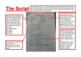 The Script
                             The script was useful to the camera operator and director as they had a clear view of
                             what should be going on at all times including what lines need to be said and where
                             the camera and actors should be positioned. It also helped the actors with their lines
                             and positioning with the stage directions.

                                                                                     At the top were a list of
                                                                                     abbreviated shot types
We were given the script                                                             which were to be used in
from the Hollyoaks trailer                                                           the filming process.
and were asked to each                                                               Some had their full
play a role in the video.                                                            names next to them, for
 Here I have written the
                                                                                     the ones which didn’t I
names next to the charac-
                                                                                     filled the names in. E.g.
ters which they will play:                                                           MCU: Medium Close Up.
Alex-Paul
Harriet-Mercedes
Me-Jacqui
Sam-Rhys                                                                             The other text was for
Beth-Riley                                                                           the camera operator and
                                                                                     director. These were so
                                                                                     we knew which shot
                                                                                     types to use and were
                                                                                     used at certain points in
                                                                                     the
The script which we were                                                             Hollyoaks trailer. There
given had the                                                                        were also some stage
dialogue in bold so that                                                             directions in there for
we would see our lines                                                               example, ‘Jacqui’s
easily.                                                                              shocked reaction’.
 