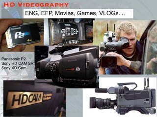 HD Videography
          ENG, EFP, Movies, Games, VLOGs....




Panasonic P2
Sony HD CAM SR
Sony XD Cam
 