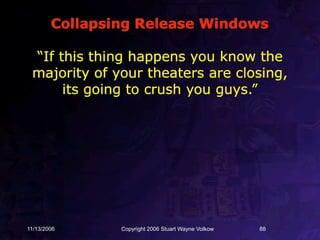 Collapsing Release Windows

 “If this thing happens you know the
 majority of your theaters are closing,
      its going to crush you guys.”




11/13/2006      Copyright 2006 Stuart Wayne Volkow   88
 