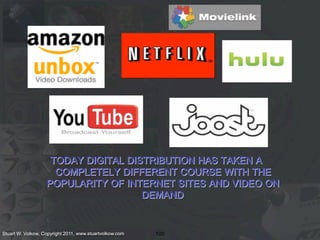 TODAY DIGITAL DISTRIBUTION HAS TAKEN A
                     COMPLETELY DIFFERENT COURSE WITH THE
                   POPULARITY OF INTERNET SITES AND VIDEO ON
                                     DEMAND


Stuart W. Volkow, Copyright 2011, www.stuartvolkow.com   100
 