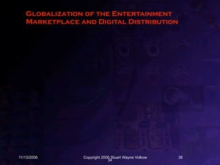 Globalization of the Entertainment
   Marketplace and Digital Distribution




11/13/2006      Copyright 2006 Stuart Wayne Volkow   36
                             34
 