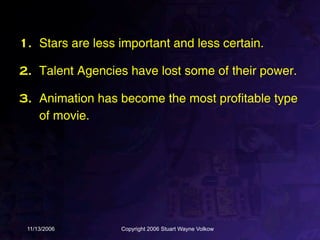 1. Stars are less important and less certain.

2. Talent Agencies have lost some of their power.

3. Animation has become the most profitable type
   of movie.




 11/13/2006       Copyright 2006 Stuart Wayne Volkow
 