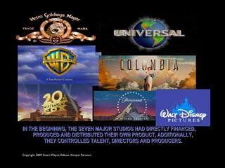 IN THE BEGINNING, THE SEVEN MAJOR STUDIOS HAD DIRECTLY FINANCED,
    PRODUCED AND DISTRIBUTED THEIR OWN PRODUCT, ADDITIONALLY,
        THEY CONTROLLED TALENT, DIRECTORS AND PRODUCERS.

Copyright 2009 Stuart Wayne Volkow. Xtropia Partners
 