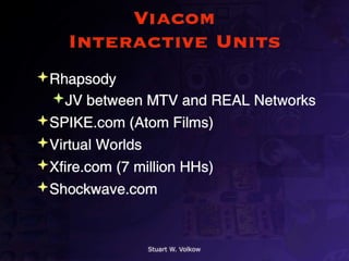 Viacom
   Interactive Units
Rhapsody
 JV between MTV and REAL Networks
SPIKE.com (Atom Films)
Virtual Worlds
Xfire.com (7 million HHs)
Shockwave.com



             Stuart W. Volkow
 