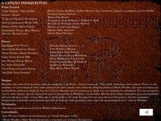 A CANÇÃO INESQUECÍVEL
Ficha Técnica
Título Original: Night and Day            Roteiro: Charles Hoffman, William Bowers e Leo Townsend, baseado em adaptação de Jack Moffitt
Gênero: Drama                             Produção: Arthur Schwartz
                                          Música: Max Steiner
Tempo de Duração: 128 minutos
                                          Fotografia: J. Peverell Marley e William V. Skall
Ano de Lançamento (EUA): 1946             Desenho de Produção: Armor Marlowe
Estúdio: Warner Bros. Pictures            Direção de Arte: John Hughes
Distribuição: Warner Bros. Pictures       Figurino: Milo Anderson
Direção: Michael Curtiz                   Edição: David Weisbart

Elenco
Cary Grant (Cole Porter)                     Dorothy Malone (Nancy)
Alexis Smith (Linda Lee Porter)              Tom D'Andrea (Bernie)
Monty Woolley (Monty Woolley)                Selena Royle (Kate Porter)
                                             Donald Woods (Ward Blackburn)
Ginny Simms (Carole Hill)
                                             Henry Stephenson (Omar Cole)
Jane Wyman (Gracie Harris)                   Paul Cavanaugh (Bart McClelland)
Eve Arden (Gabrielle)                        Sig Ruman (Wilowski)
Victor Francen (Anatole Giron)               Mary Martin (Mary Martin)
Alan Hale (Leon Dowling)

Sinopse
Biografia com muito de ficção sobre a vida do compositor Cole Porter. durante os anos de 1912 a 1946. A história se inicia quando Porter era um
estudante na Universidade de Yale, onde participou de teatro amador sob a tutela do rabugento professor Monty Woolley. Em razão da fortuna que
herdou Porter poderia ter ficado de fora da 1ª Guerra Mundial, mas ele insistiu em se alistar e foi um motorista de ambulância. Nos anos pós-guerra
escreve várias canções, que são um enorme sucesso em musicais da Broadway e em Londres. Mas não teria só bons momentos, pois uma fatalidade
afeta sua vida para sempre. Como filme que se diz biográfico, "A Canção Inesquecível" peca por distorcer fortemente a vida do compositor,
notoriamente conhecido como homossexual, além de fantasiar várias passagens como a que cita sua participação na 1ª  Guerra Mundial.
Premiações
- Recebeu uma indicação ao Oscar de Melhor Trilha Sonora.
Curiosidades
- Jane Wyman trabalhou simultaneamente em Virtude Selvagem (1946).
- Monty Woolley e Mary Martin interpretam a si mesmos em A Canção Inesquecível.
 