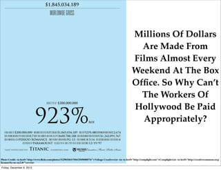 Millions Of Dollars
Are Made From
Films Almost Every
Weekend At The Box
Ofﬁce. So Why Can’t
The Workers Of
Hollywood Be Paid
Appropriately?

Photo Credit: <a href="http://www.ﬂickr.com/photos/31296546@N04/2949680574/">Voltage Creative</a> via <a href="http://compﬁght.com">Compﬁght</a> <a href="http://creativecommons.org/
licenses/by-nc-sa/2.0/">cc</a>
Friday, December 6, 2013

 