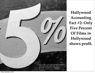 Hollywood
Accounting
Fact #2: Only
Five Percent
Of Films in
Hollywood
shows proﬁt.

Photo Credit: <a href="http://www.ﬂickr.com/photos/
34427470616@N01/490132523/">duncan</a> via <a
href="http://compﬁght.com">Compﬁght</a> <a
href="http://creativecommons.org/licenses/by-nc/
2.0/">cc</a>.
Friday, December 6, 2013

 