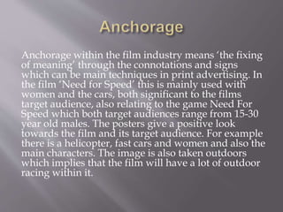 Anchorage within the film industry means ‘the fixing
of meaning’ through the connotations and signs
which can be main techniques in print advertising. In
the film ‘Need for Speed’ this is mainly used with
women and the cars, both significant to the films
target audience, also relating to the game Need For
Speed which both target audiences range from 15-30
year old males. The posters give a positive look
towards the film and its target audience. For example
there is a helicopter, fast cars and women and also the
main characters. The image is also taken outdoors
which implies that the film will have a lot of outdoor
racing within it.
 