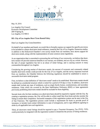 Hollywood chamber of commerce   short term rentals letter to la council 5-19-16