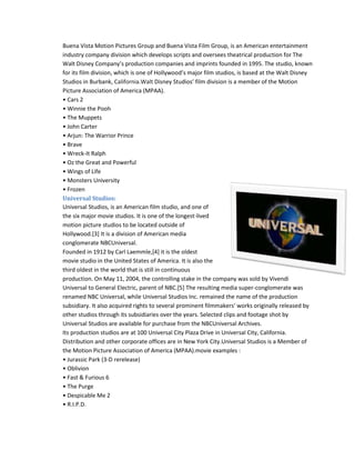 Buena Vista Motion Pictures Group and Buena Vista Film Group, is an American entertainment 
industry company division which develops scripts and oversees theatrical production for The 
Walt Disney Company’s production companies and imprints founded in 1995. The studio, known 
for its film division, which is one of Hollywood’s major film studios, is based at the Walt Disney 
Studios in Burbank, California.Walt Disney Studios’ film division is a member of the Motion 
Picture Association of America (MPAA). 
• Cars 2 
• Winnie the Pooh 
• The Muppets 
• John Carter 
• Arjun: The Warrior Prince 
• Brave 
• Wreck-It Ralph 
• Oz the Great and Powerful 
• Wings of Life 
• Monsters University 
• Frozen 
Universal Studios: 
Universal Studios, is an American film studio, and one of 
the six major movie studios. It is one of the longest-lived 
motion picture studios to be located outside of 
Hollywood.[3] It is a division of American media 
conglomerate NBCUniversal. 
Founded in 1912 by Carl Laemmle,[4] it is the oldest 
movie studio in the United States of America. It is also the 
third oldest in the world that is still in continuous 
production. On May 11, 2004, the controlling stake in the company was sold by Vivendi 
Universal to General Electric, parent of NBC.[5] The resulting media super-conglomerate was 
renamed NBC Universal, while Universal Studios Inc. remained the name of the production 
subsidiary. It also acquired rights to several prominent filmmakers’ works originally released by 
other studios through its subsidiaries over the years. Selected clips and footage shot by 
Universal Studios are available for purchase from the NBCUniversal Archives. 
Its production studios are at 100 Universal City Plaza Drive in Universal City, California. 
Distribution and other corporate offices are in New York City.Universal Studios is a Member of 
the Motion Picture Association of America (MPAA).movie examples : 
• Jurassic Park (3-D rerelease) 
• Oblivion 
• Fast & Furious 6 
• The Purge 
• Despicable Me 2 
• R.I.P.D. 
 