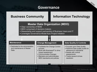 Governance

 Business Community                                       Information Technology

                         Master Data Organization (MDO)
               Clear ownership of MDM
               MDO comprised of decision-makers
               Stewardship and support partnership of Business Users and IT
               Leverages Governance Model from Project Initiation



Maintenance                         Change Management                  Data Quality & Controls
 Dedicated to the administration    Facilitates the Change Control    Focuses upon Data Quality
  and maintenance of Master           process                           Performs Data quality audits for
  Data                               Work with Business/IT to drive     adherence to standards
                                      impact assessment                 Assists with control
                                     Communicates Changes               assessments
                                     Maintains and administrates       Tracks issues & drives
                                      MDO standards and policies         resolution




                                                                                        © 2011 Electronic Arts – Slide # 12
 