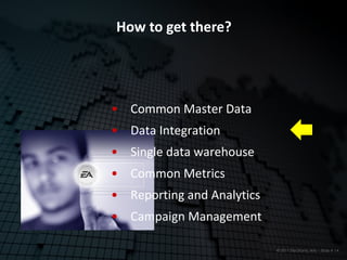 How to get there?




• Common Master Data
• Data Integration
• Single data warehouse
• Common Metrics
• Reporting and Analytics
• Campaign Management

                            © 2011 Electronic Arts – Slide # 14
 