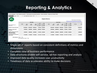 Reporting & Analytics




• Single set of reports based on consistent definitions of metrics and
  dimensions
• Complete view of business performance
• Data structures enable self-service, ad-hoc reporting and analysis
• Improved data quality increases user productivity
• Timeliness of data accelerates ability to make decisions


                                                                © 2011 Electronic Arts – Slide # 24
 