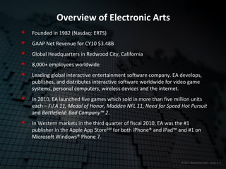 Overview of Electronic Arts
•   Founded in 1982 (Nasdaq: ERTS)
•   GAAP Net Revenue for CY10 $3.48B
•   Global Headquarters in Redwood City, California
•   8,000+ employees worldwide
•   Leading global interactive entertainment software company. EA develops,
    publishes, and distributes interactive software worldwide for video game
    systems, personal computers, wireless devices and the internet.
•   In 2010, EA launched five games which sold in more than five million units
    each – FIFA 11, Medal of Honor, Madden NFL 11, Need for Speed Hot Pursuit
    and Battlefield: Bad Company™ 2.
•   In Western markets in the third quarter of fiscal 2010, EA was the #1
    publisher in the Apple App StoreSM for both iPhone® and iPad™ and #1 on
    Microsoft Windows® Phone 7.



                                                                   © 2011 Electronic Arts – Slide # 5
 