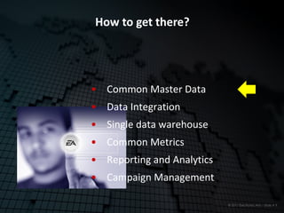 How to get there?




• Common Master Data
• Data Integration
• Single data warehouse
• Common Metrics
• Reporting and Analytics
• Campaign Management

                            © 2011 Electronic Arts – Slide # 9
 