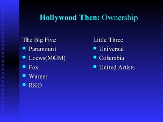 Hollywood Then: Ownership
The Big Five
 Paramount
 Loews(MGM)
 Fox
 Warner
 RKO

Little Three
 Universal
 Columbia
 United Artists

 