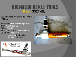 HOLMATRO RESCUE TOOLSRam3321-ULMax. Working Pressure: 10,500 PSI / 720 bar36,460 lbs Max Spreading Force9 ¾” Max Opening29 lbs Weight21 ¼ ”x 15 ”x 4 ¾ ” Dimensions Oil volume required- 		opening 34.2 cu in		closing  10 cu in