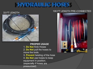 HYDRAULIC HOSES100 FT LENGTH PRE-CONNECTED33 FT LENGTHPROPER USAGE1. Do Not Kink Hoses2. Do Not pull the hoses to move the tools.3. Prevent twisting of the hose4. Do Not use hoses to keep equipment in position. (especially if hoses are pressurized)