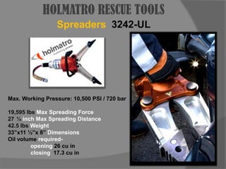 HOLMATRO RESCUE TOOLSSpreaders3242-ULMax. Working Pressure: 10,500 PSI / 720 bar19,595 lbs Max Spreading Force¼ inch Max Spreading Distance42.5 lbs Weight33”x11 ½”x 8” Dimensions Oil volume required- 		opening 26 cu in	closing  17.3 cu in