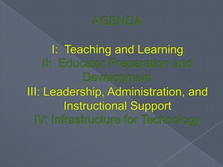 AGENDAI:  Teaching and LearningII:  Educator Preparation and DevelopmentIII: Leadership, Administration, and Instructional SupportIV: Infrastructure for Technology