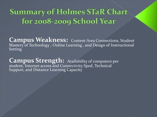 Summary of Holmes STaR Chartfor 2008-2009 School YearCampus Weakness:  Content Area Connections, Student Mastery of Technology , Online Learning , and Design of Instructional SettingCampus Strength:  Availability of computers per student, Internet access and Connectivity Sped, Technical Support, and Distance Learning Capacity