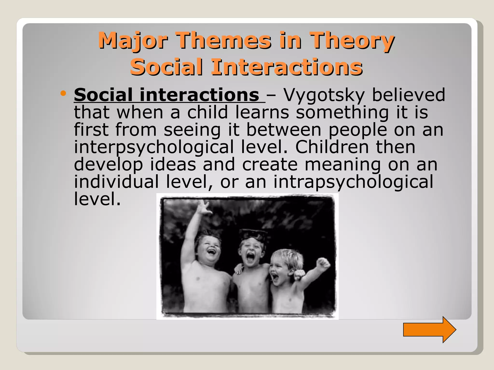 Major Themes in Theory Social Interactions Social interactions  – Vygotsky believed that when a child learns something it is first from seeing it between people on an interpsychological level. Children then develop ideas and create meaning on an individual level, or an intrapsychological level.  