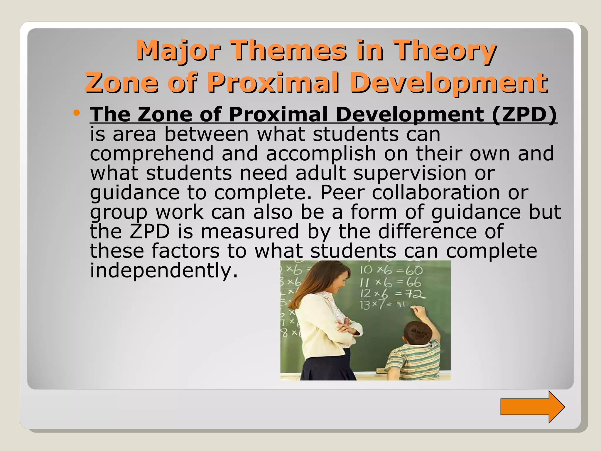Major Themes in Theory Zone of Proximal Development The Zone of Proximal Development (ZPD)  is area between what students can comprehend and accomplish on their own and what students need adult supervision or guidance to complete. Peer collaboration or group work can also be a form of guidance but the ZPD is measured by the difference of these factors to what students can complete independently. 