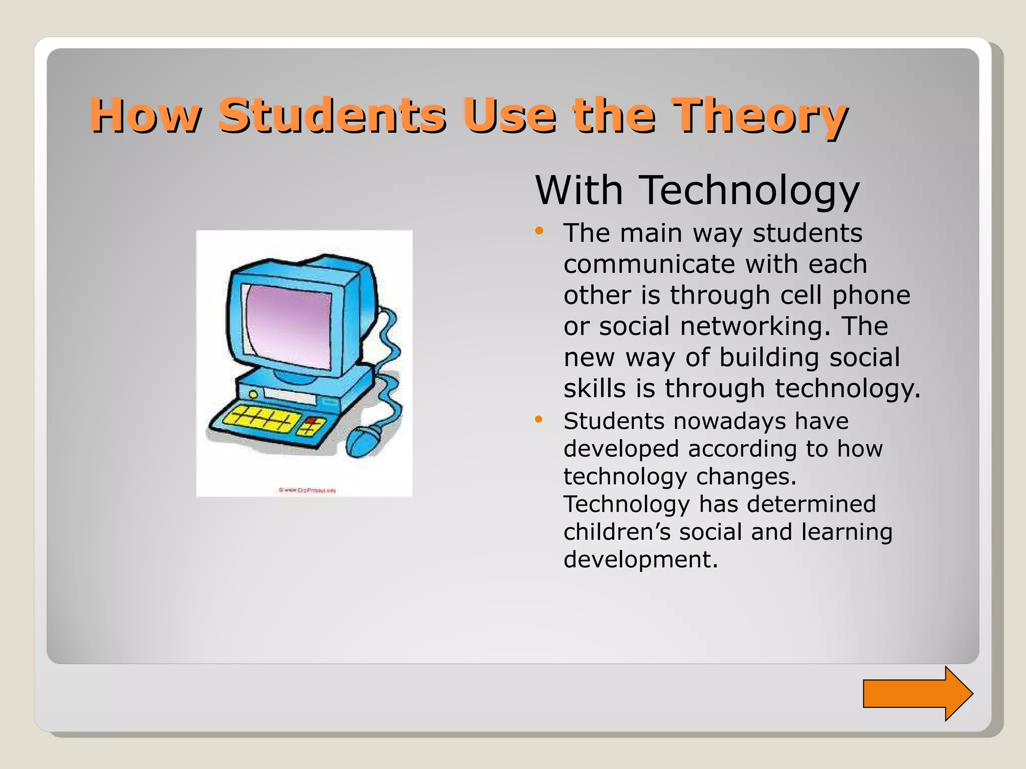 How Students Use the Theory With Technology The main way students communicate with each other is through cell phone or social networking. The new way of building social skills is through technology. Students nowadays have developed according to how technology changes. Technology has determined children’s social and learning development. 