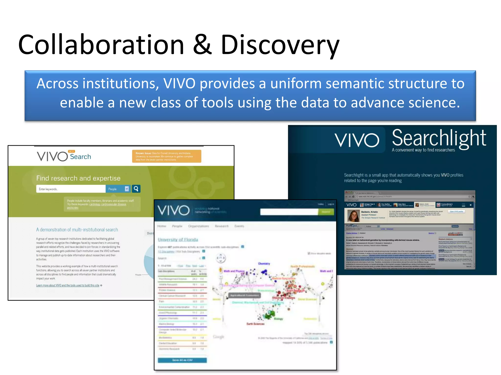 Collaboration & Discovery
 Across institutions, VIVO provides a uniform semantic structure to
    enable a new class of tools using the data to advance science.
 