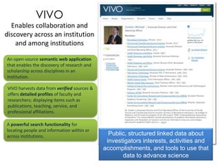 VIVO
  Enables collaboration and
discovery across an institution
    and among institutions

An open-source semantic web application
that enables the discovery of research and
scholarship across disciplines in an
institution.

 VIVO harvests data from verified sources &
 offers detailed profiles of faculty and
 researchers; displaying items such as
 publications, teaching, service, and
 professional affiliations.

A powerful search functionality for
locating people and information within or
across institutions.                            Public, structured linked data about
                                               investigators interests, activities and
                                              accomplishments, and tools to use that
                                                     data to advance science
 